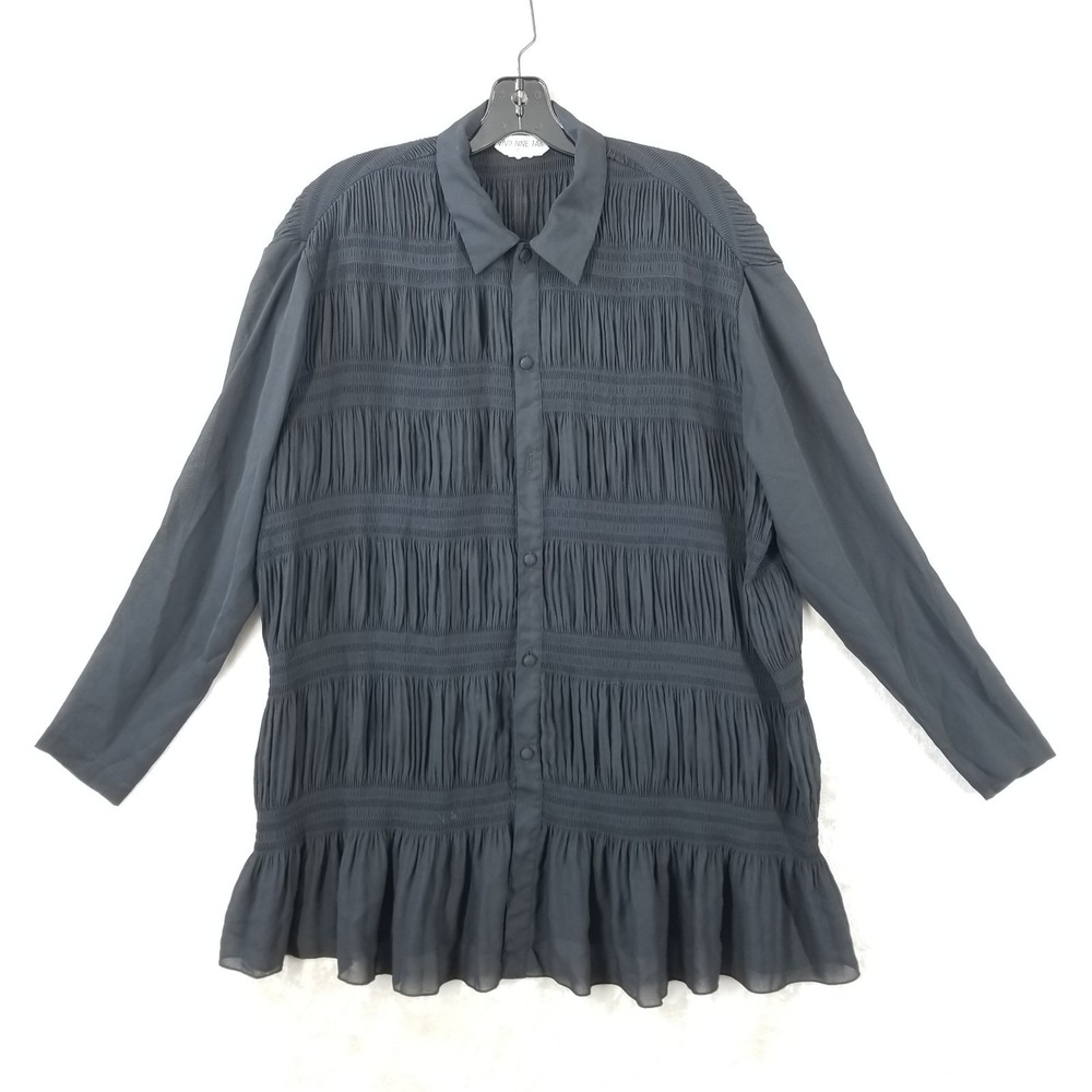 Vtg Vivienne Tam Blouse‎ Black Ruched Sheer Long Sleeve Flounce East Wind Code
